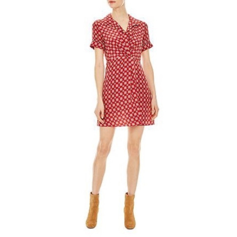 Sandro Paris Violet Wrap Effect Dress in Red Geometric Print 100%Silk Size S